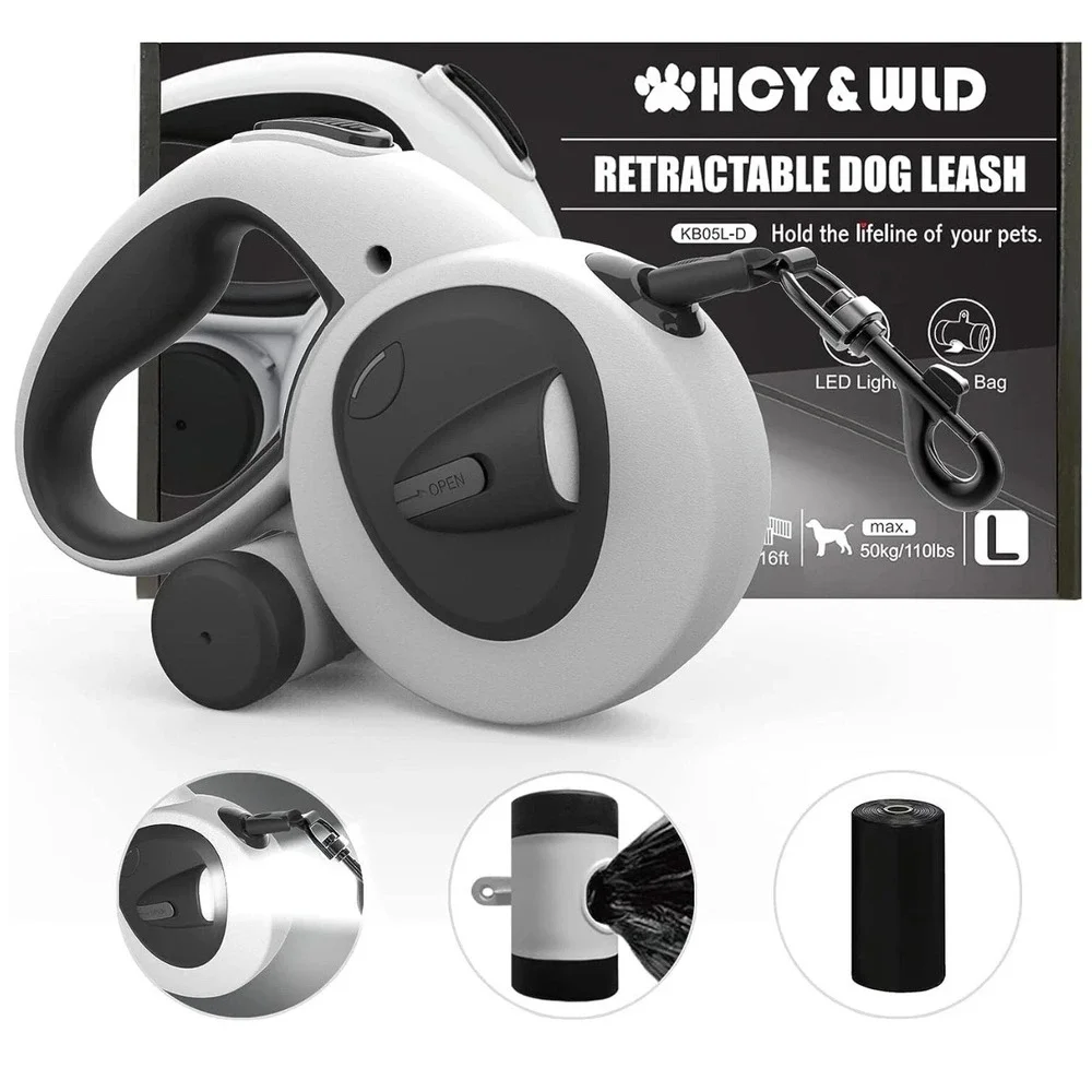 HOY&WILD Retractable Dog Leash‎ with Bag Dispenser/Light/Heavy Duty 16 ft